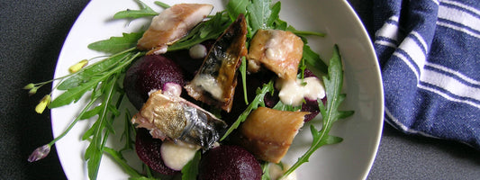 Warm Salad of Smoked Mackerel & Baby Beetroot with Dijon Mustard & Horseradish Dressing