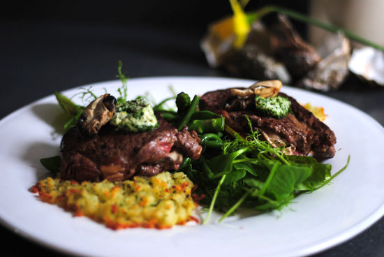 Smoked Oyster Carpet Bagger Steak with Rosti & Gremolata Butter