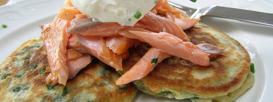 Hot Smoked Trout with Spinach Pancakes & Horseradish Crème Fraiche